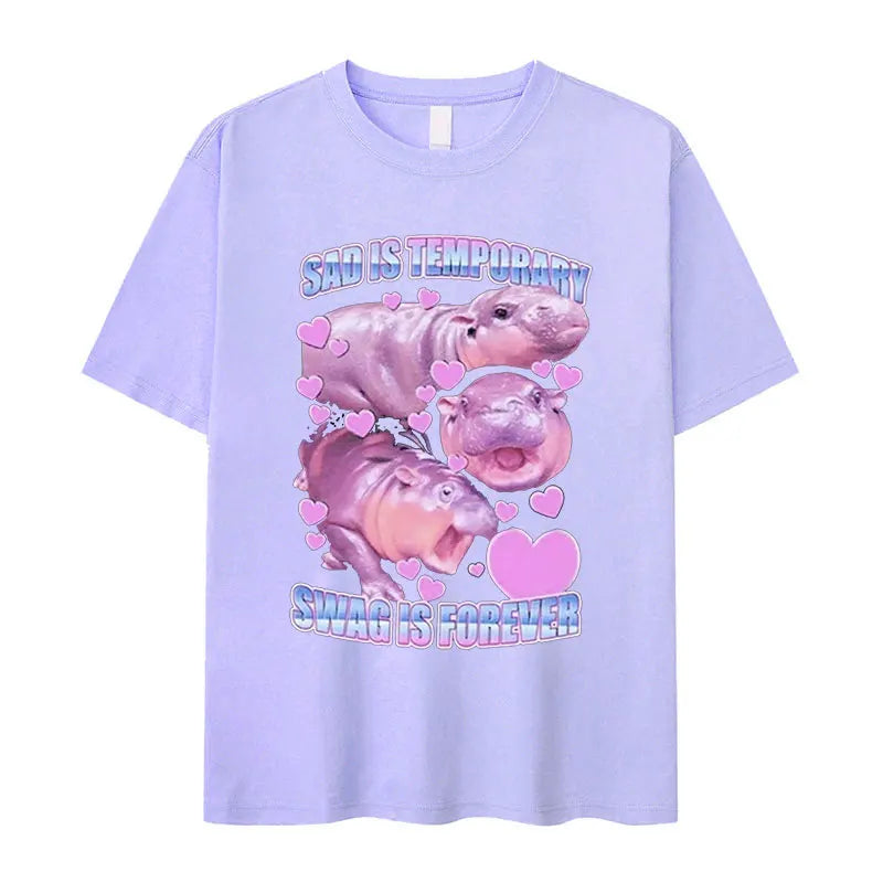 Retro Fashion Cute Baby Hippo Funny Meme Oversized Cotton Men Women TShirt Moo Deng