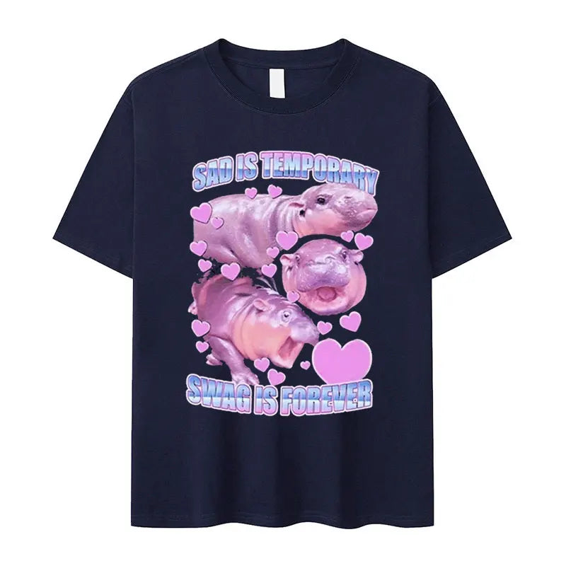 Retro Fashion Cute Baby Hippo Funny Meme Oversized Cotton Men Women TShirt Moo Deng