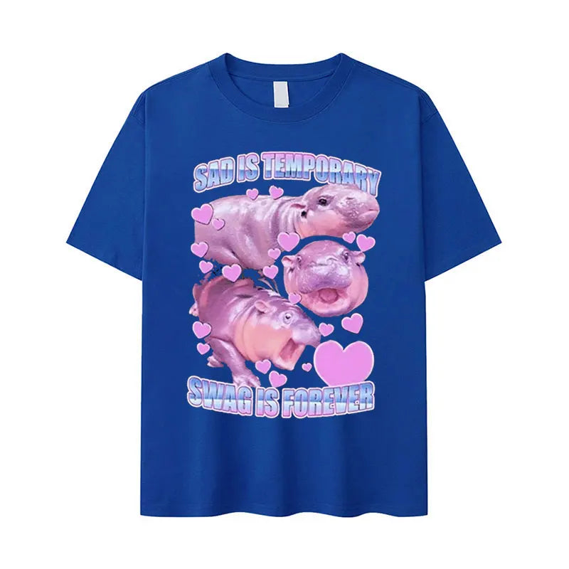 Retro Fashion Cute Baby Hippo Funny Meme Oversized Cotton Men Women TShirt Moo Deng