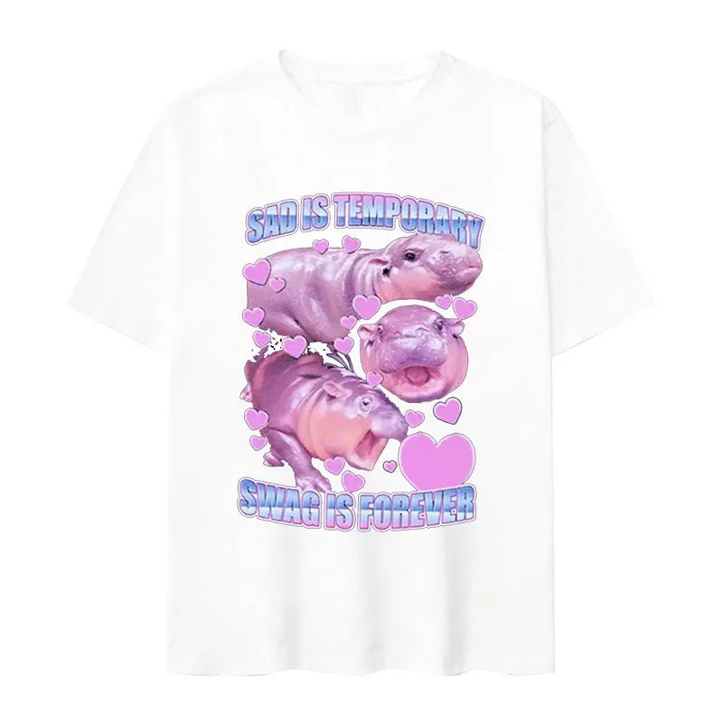 Retro Fashion Cute Baby Hippo Funny Meme Oversized Cotton Men Women TShirt Moo Deng
