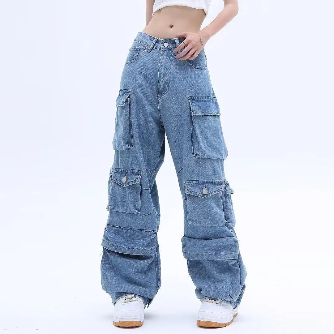 Multi-Pocket Washed Cargo New Heavy Industry Y2K Vintage Streetwear Loose Oversized Straight-Leg Jean