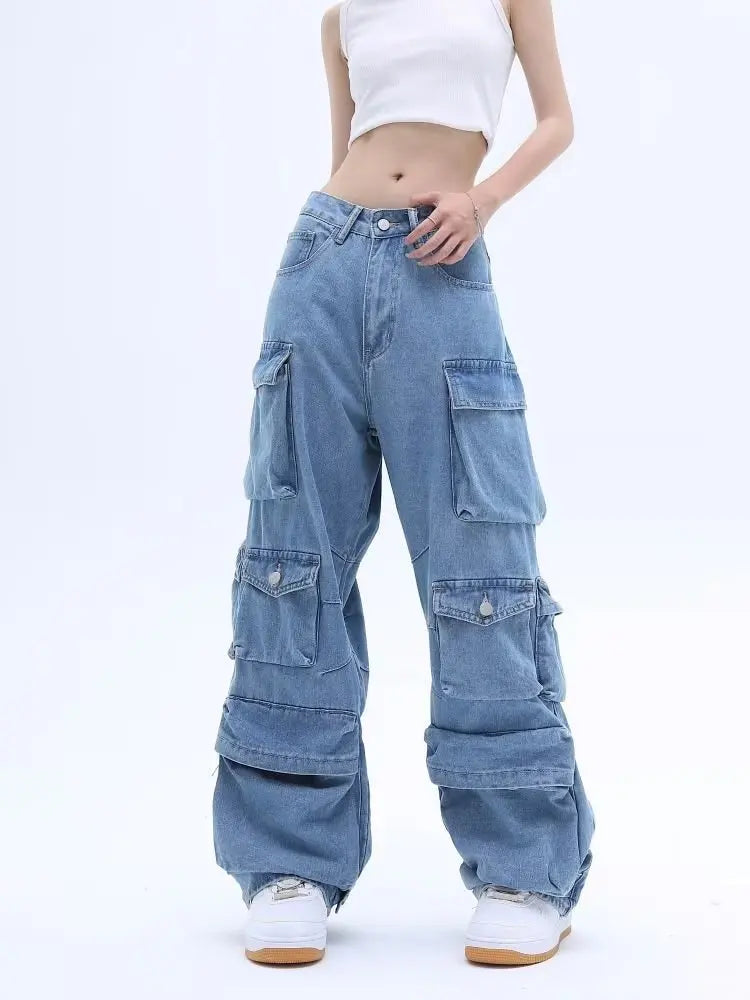 Multi-Pocket Washed Cargo New Heavy Industry Y2K Vintage Streetwear Loose Oversized Straight-Leg Jean