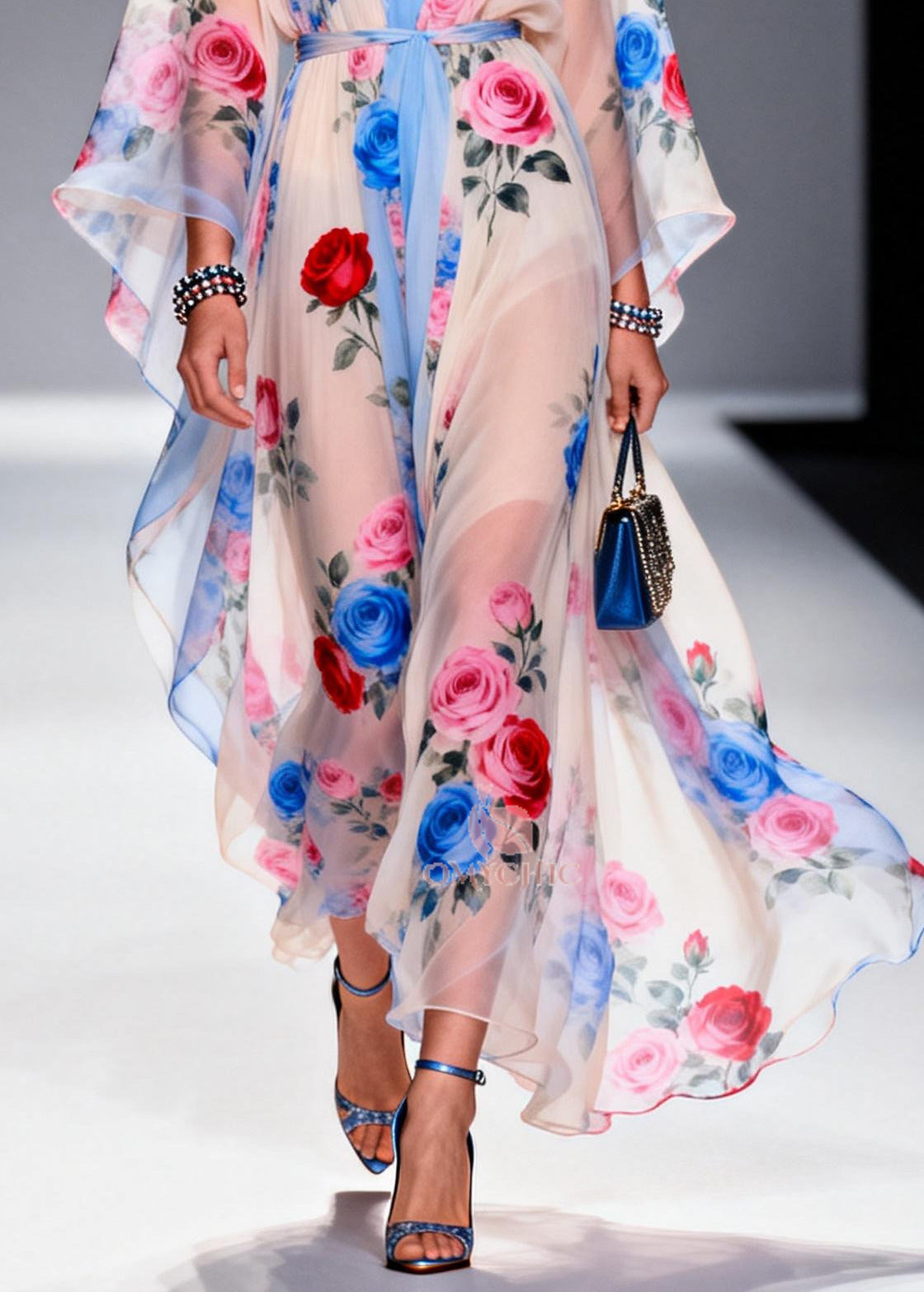 Multicolored Floral Print Chiffon Maxi Dress Tie Waist Summer