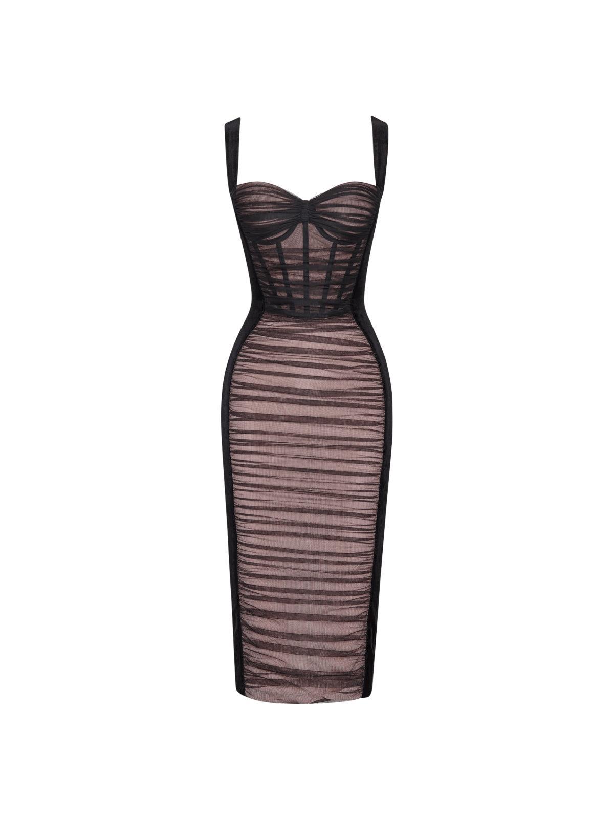Square Neck Ruched Mesh Velvet Trim Bodycon Midi Dress
