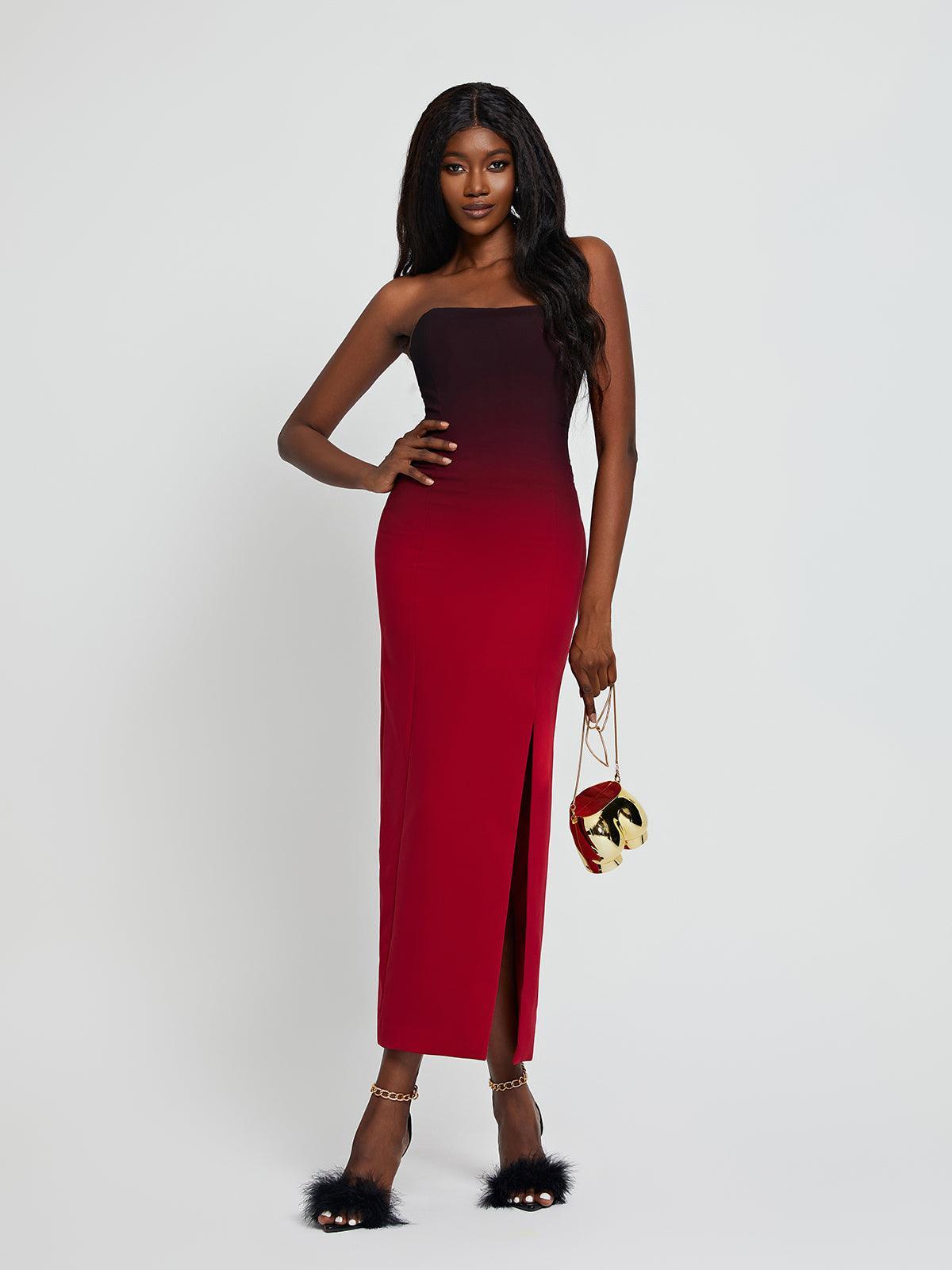 Strapless Ombre High Slit Bodycon Maxi Dress