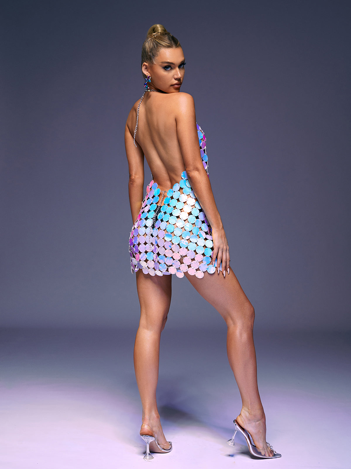 Halter Neck Sequin Paillette Chainmail Bodycon Mini Dress