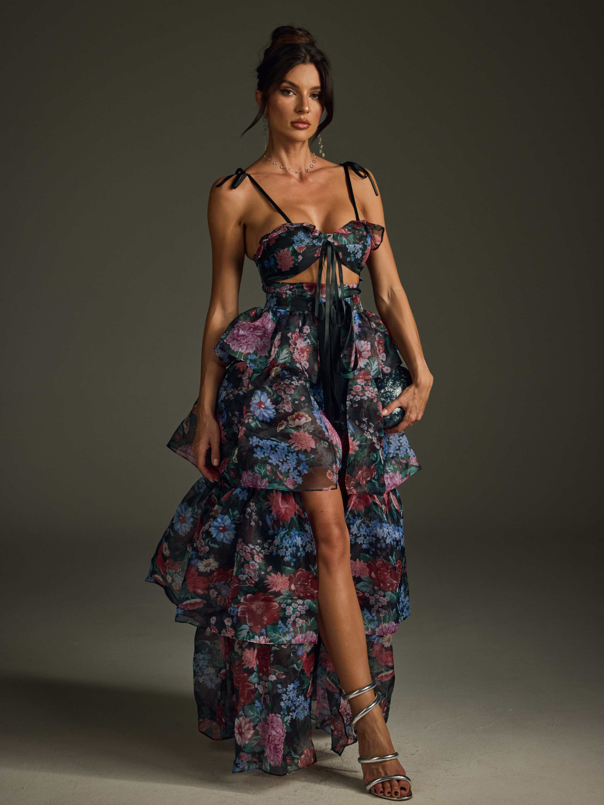 Floral Printed Skirt Set In Black