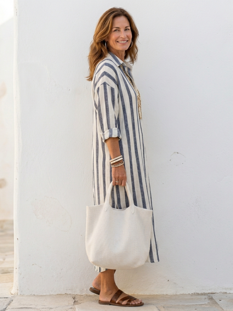 Collared Striped Long Sleeve Linen Shirt Maxi Dress