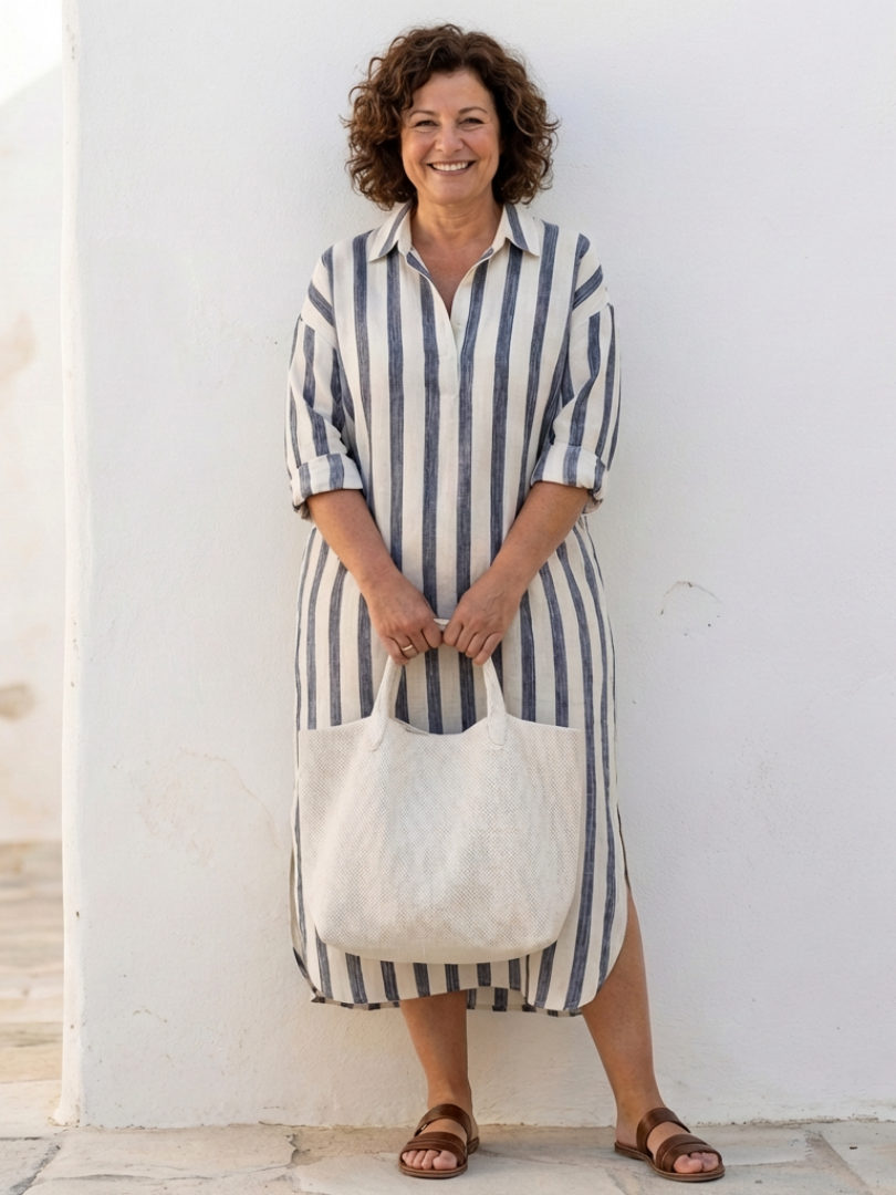 Collared Striped Long Sleeve Linen Shirt Maxi Dress