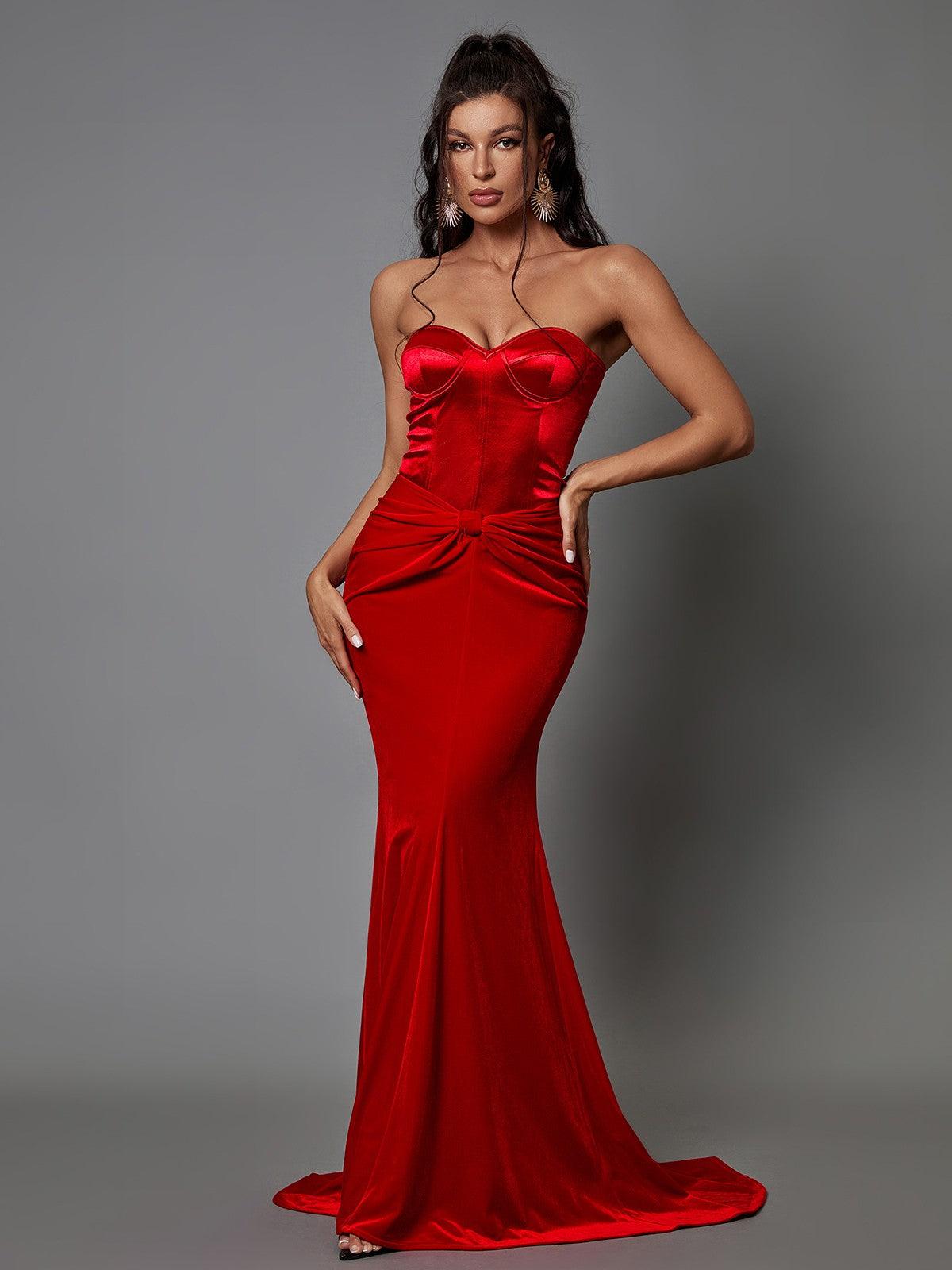 Strapless Sweetheart Velvet Twist Front Mermaid Maxi Gown