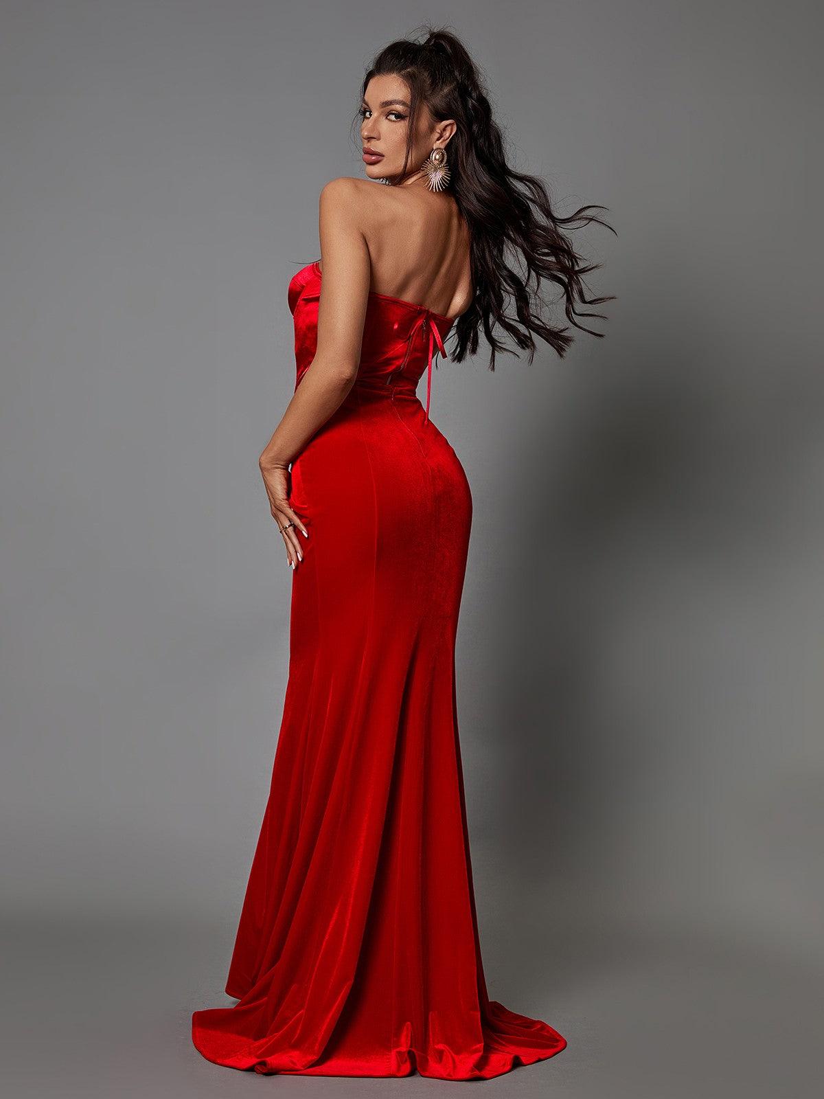 Strapless Sweetheart Velvet Twist Front Mermaid Maxi Gown