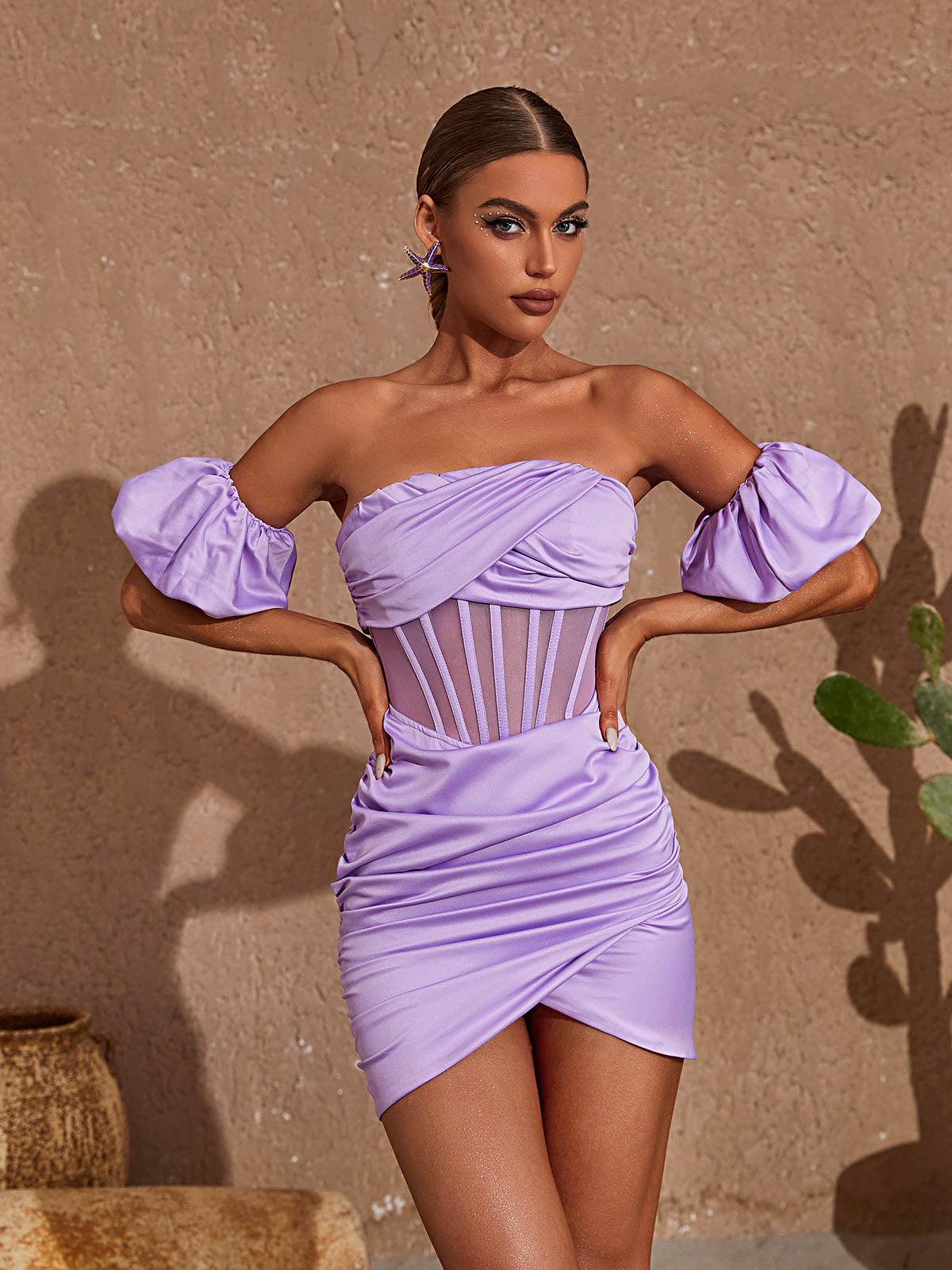 Off-Shoulder Puff Sleeve Satin Corset Ruched Bodycon Mini Dress