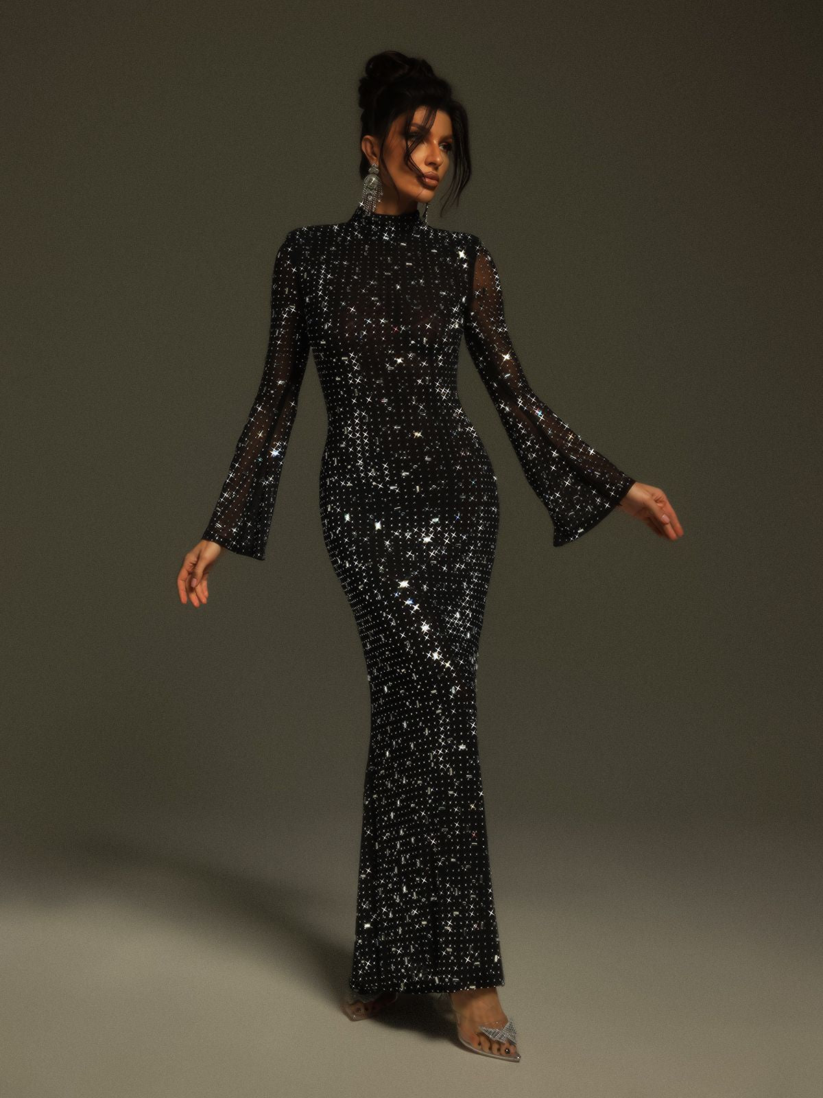 Long Sleeve Crystal Mesh Dress