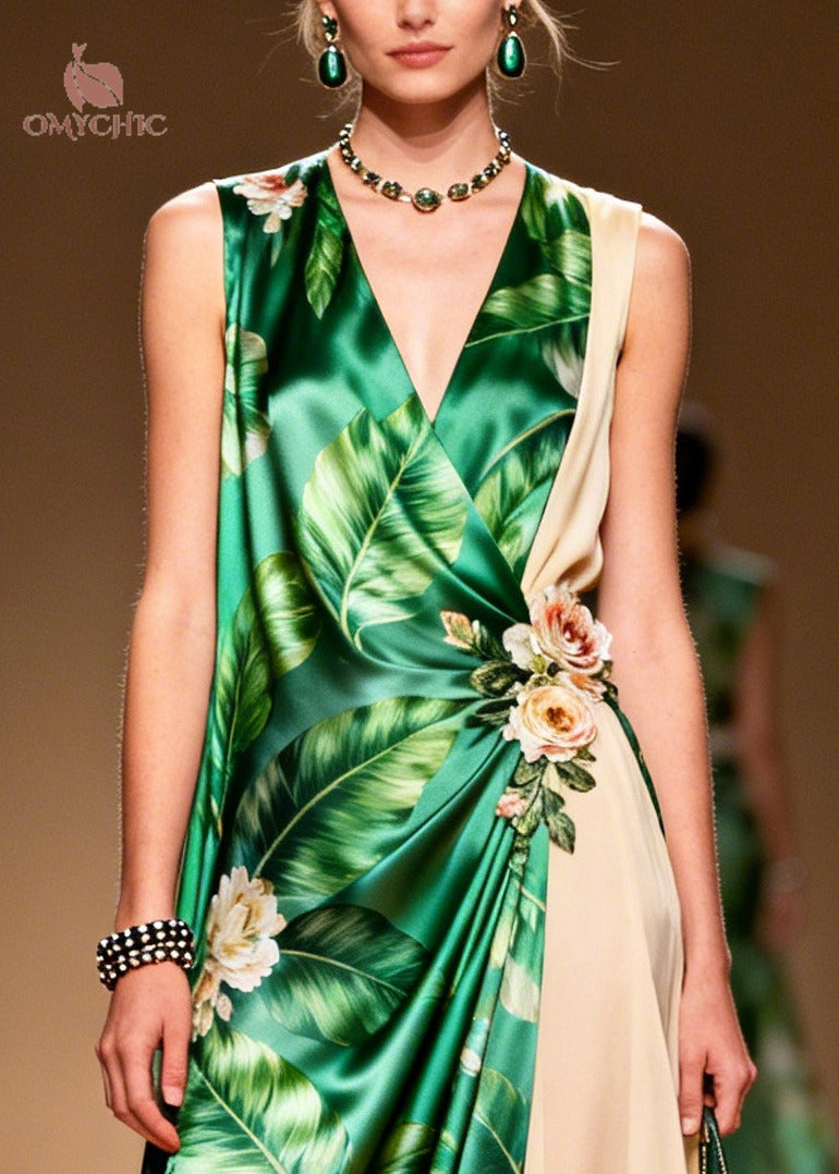 Natural Green Patchwork Flower Chiffon Vacation Dresses Sleeveless