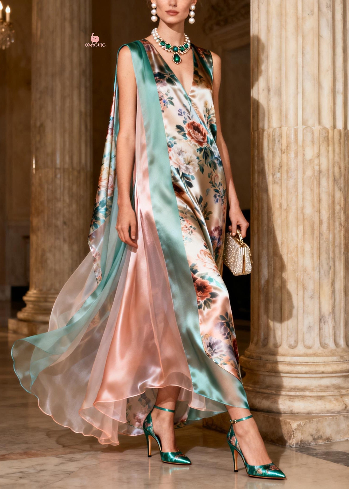 Natural Print Patchwork Silk Long Dresses Sleeveless