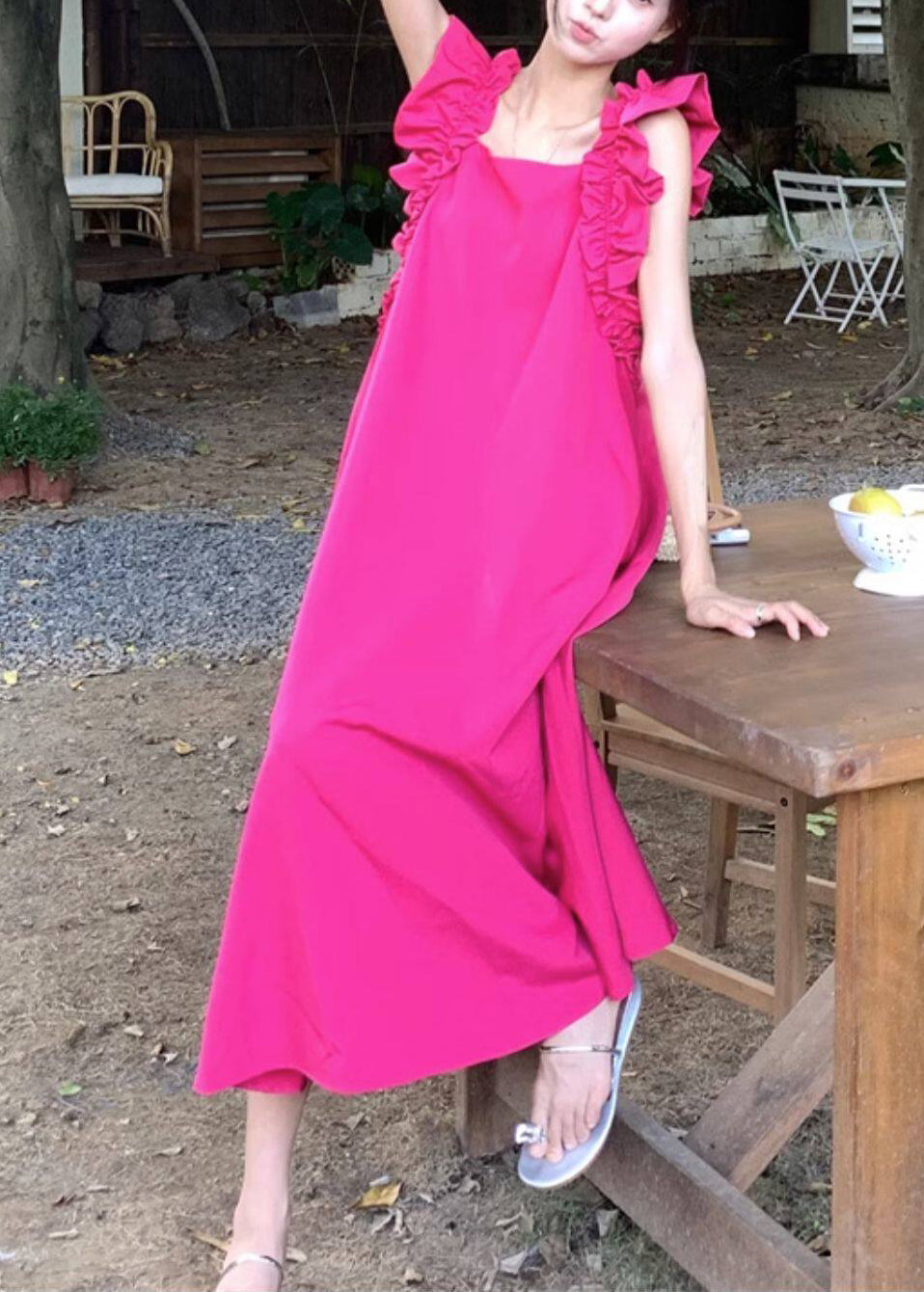 Natural Rose Ruffled Cotton Vacation Dresses Summer