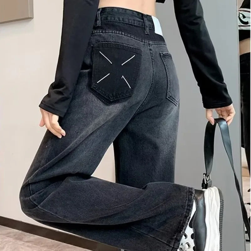 Natural Waist New Button Minimalist Trendy Summer Ins Wash Long Harajuku Wide Leg Black Jean / Xs