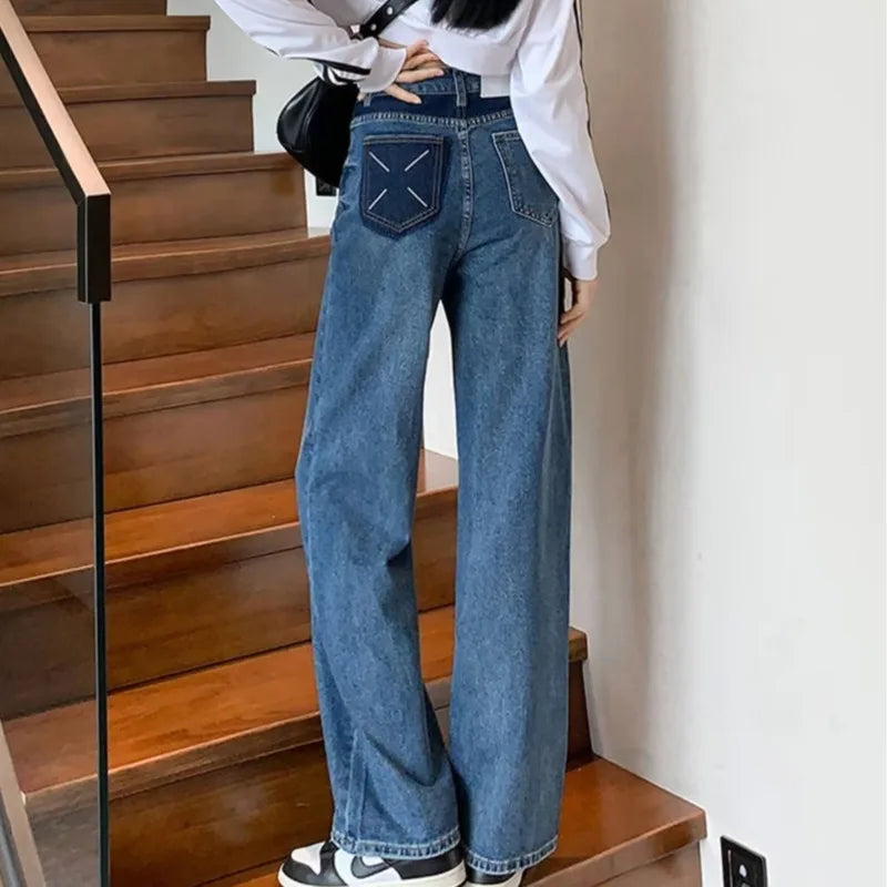 Natural Waist New Button Minimalist Trendy Summer Ins Wash Long Harajuku Wide Leg Black Jean Deep