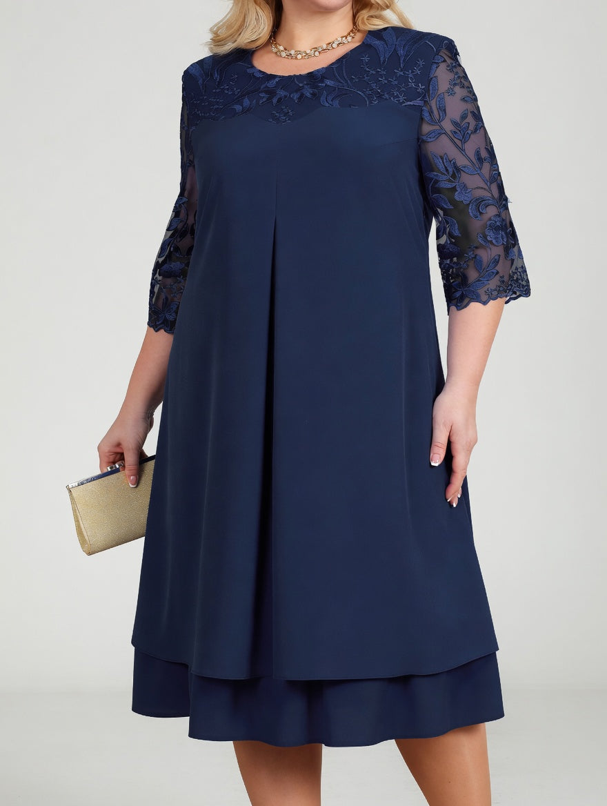 Round Neck Lace Illusion Yoke Half Sleeve Shift Midi Dress 5