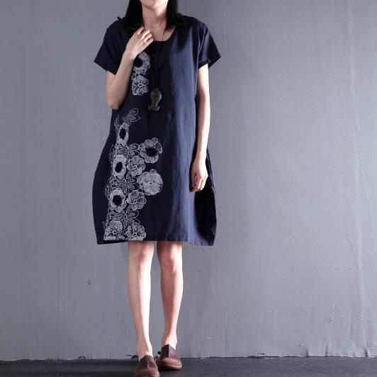 Navy Embroideries flower linen sundresses summer shift dress blouse