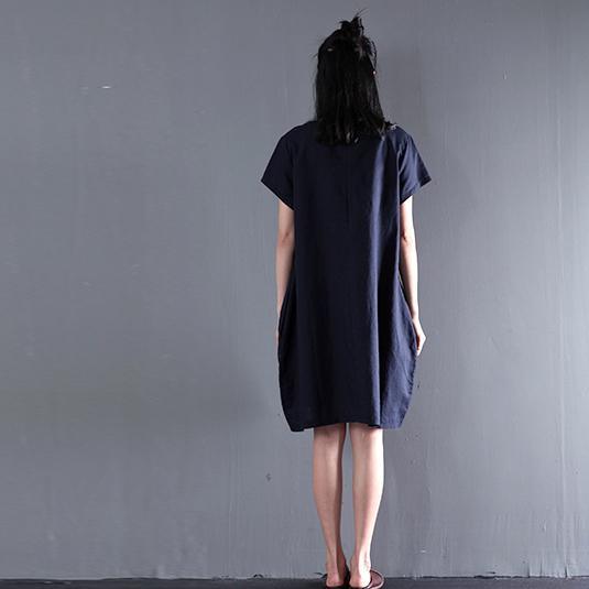 Navy Embroideries flower linen sundresses summer shift dress blouse