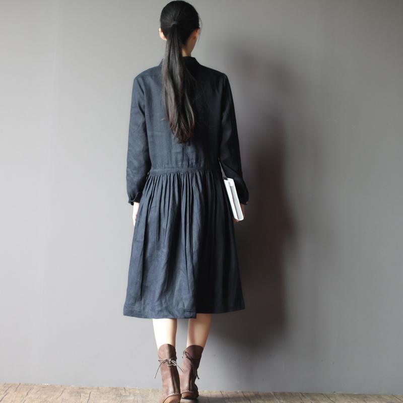 Navy Retro Linen dress long sleeve sundresses Plus size Casual style