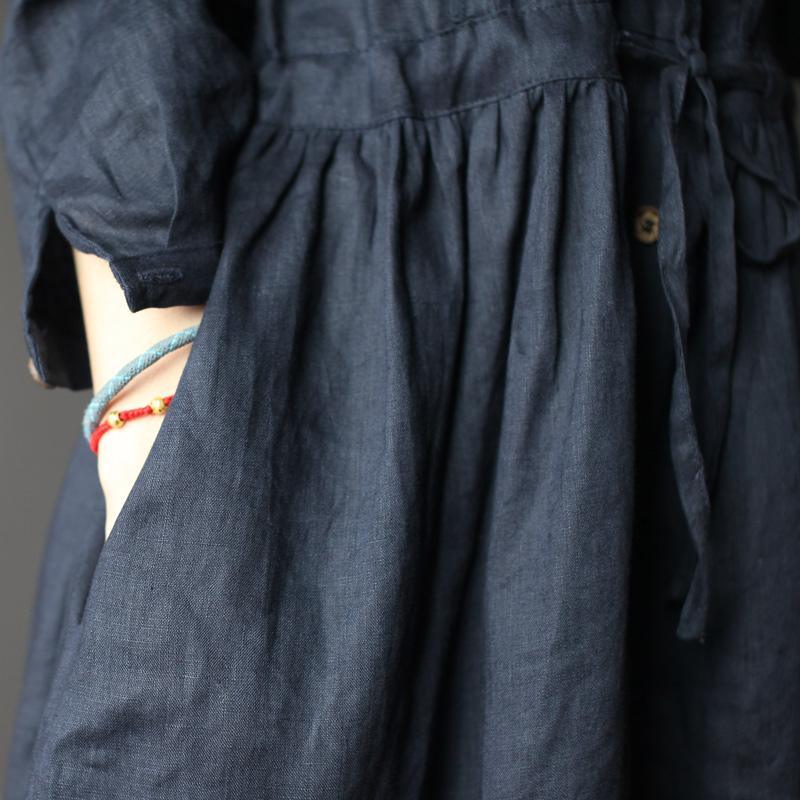 Navy Retro Linen dress long sleeve sundresses Plus size Casual style