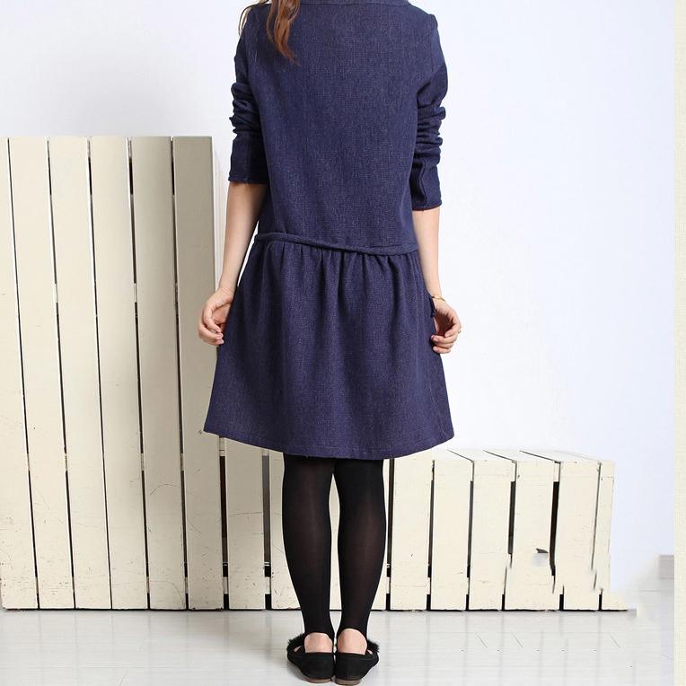 Navy cotton plus size spring dress long sleeve fit flare dress