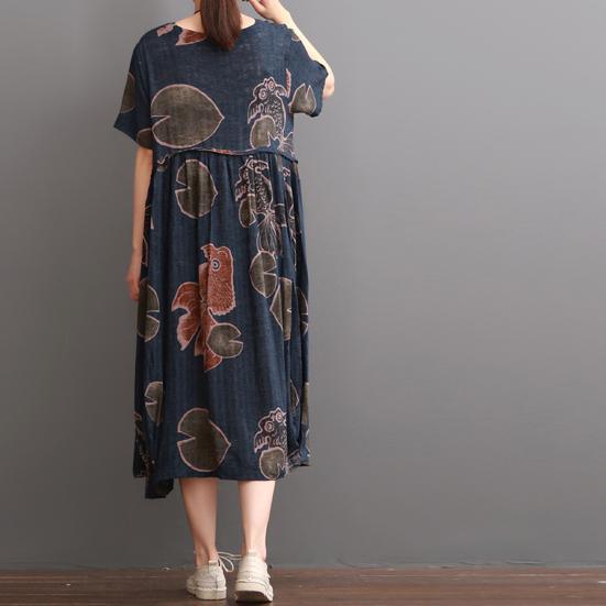 Navy Floral Linen Dress Summer Dresses Plus Size Sundress Short Sleeve