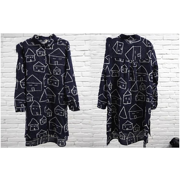 Navy happy house print cotton shirt dress summer shift dresses asymmetrical sundress