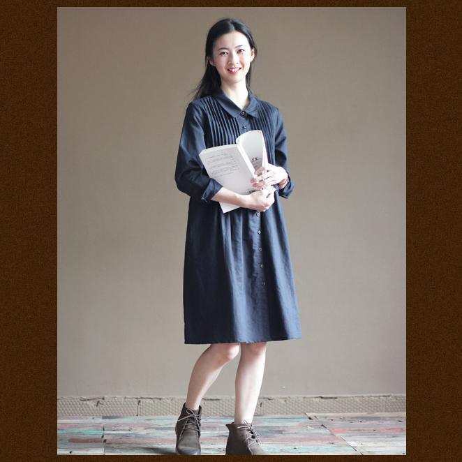 Navy pleated breast cotton dresses original design linen dress