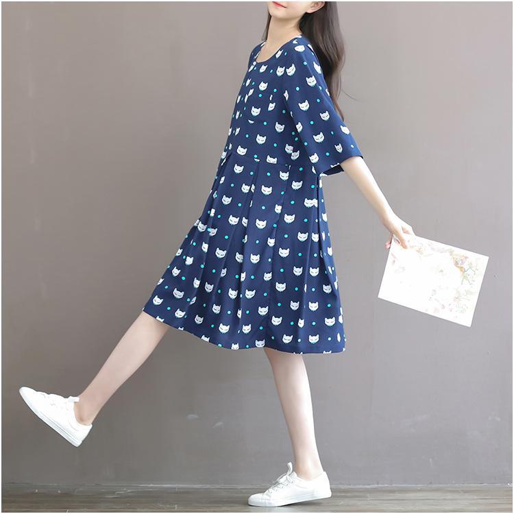 Navy plus size fox print sundress cotton summer dresses linen dress oversize