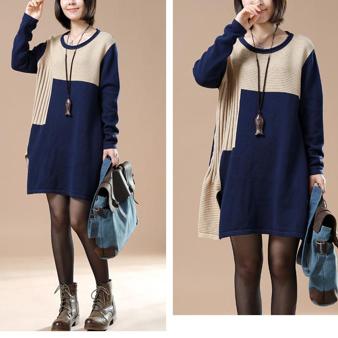 Navy print sweaters plus size women knit dress the Dancing steps