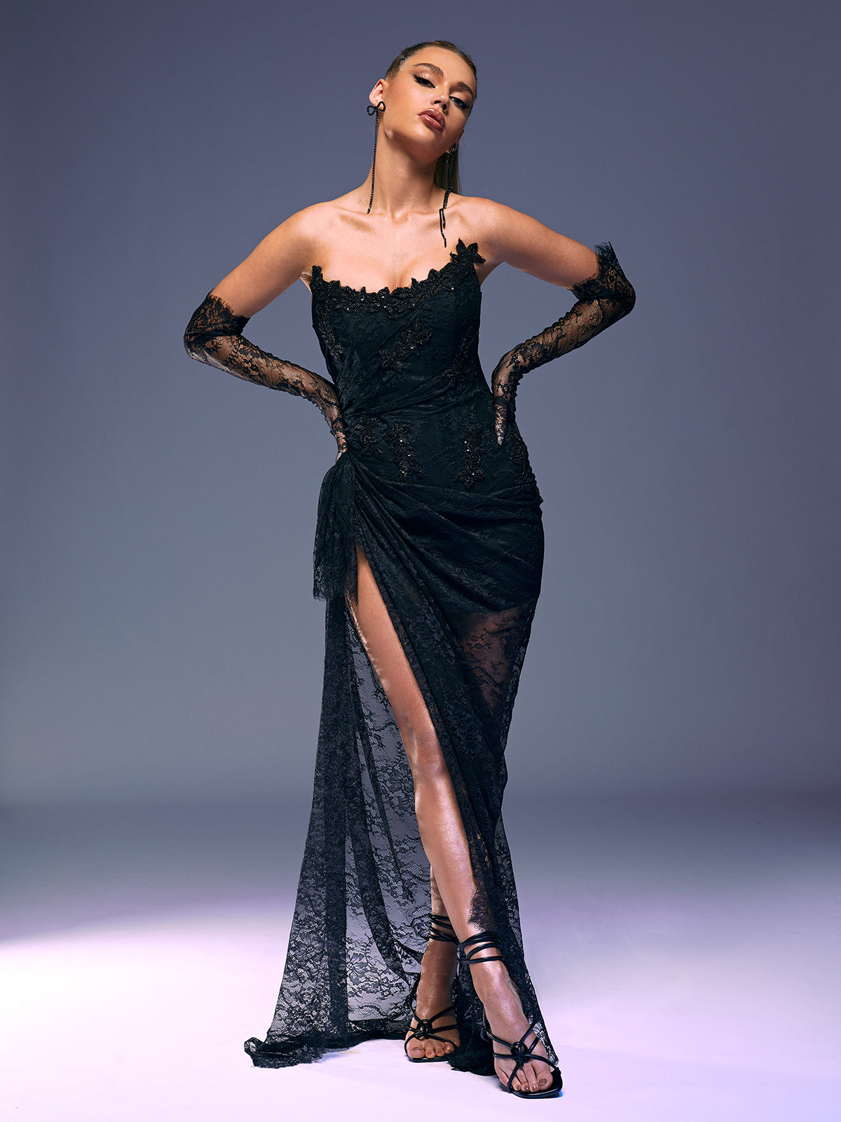 Strapless Beaded Lace Applique Sheer High Slit Mermaid Gown 4