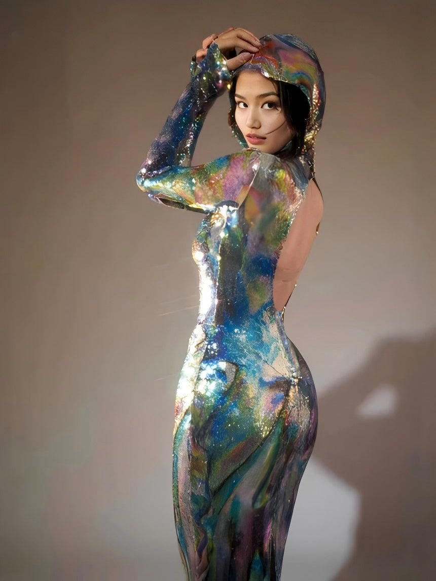 Ombre Long Sleeve Hooded Maxi Dress In Blue