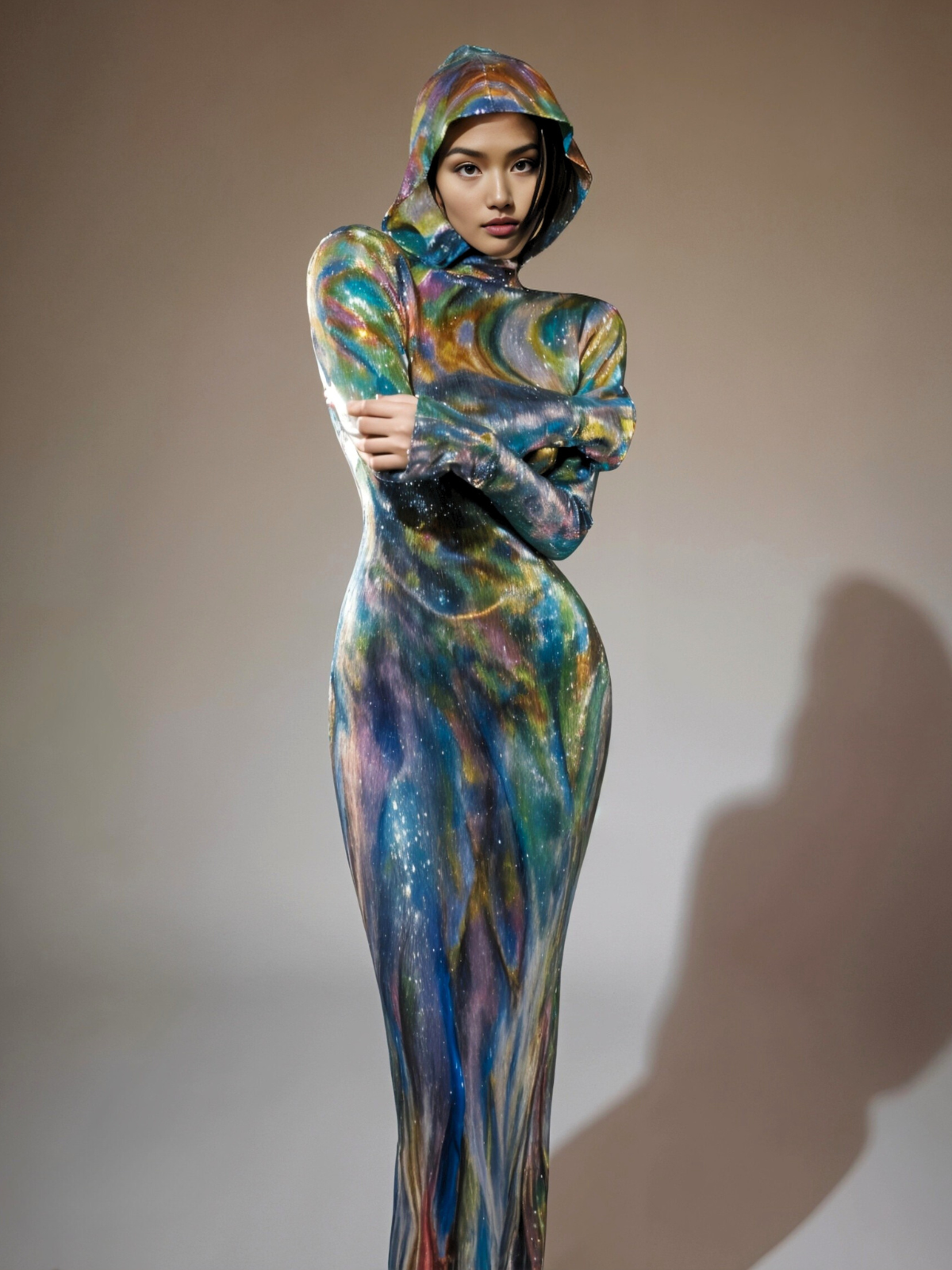 Ombre Long Sleeve Hooded Maxi Dress In Blue