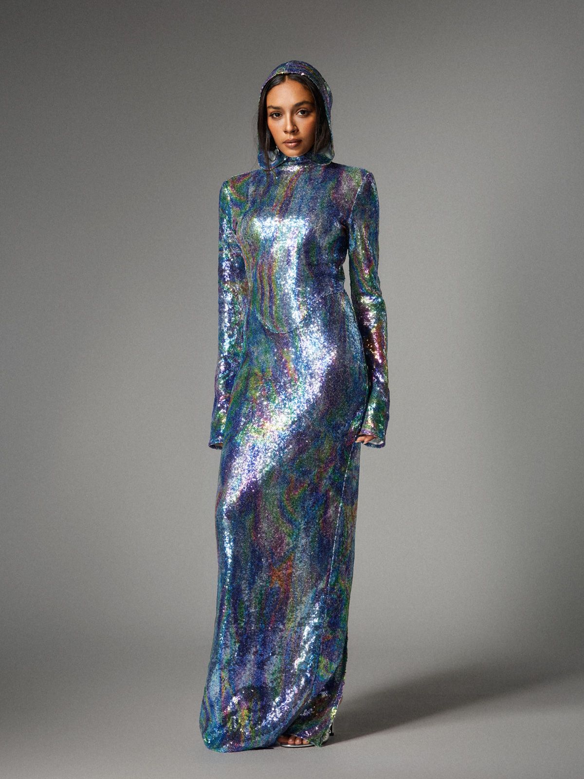 Ombre Long Sleeve Hooded Maxi Dress In Blue