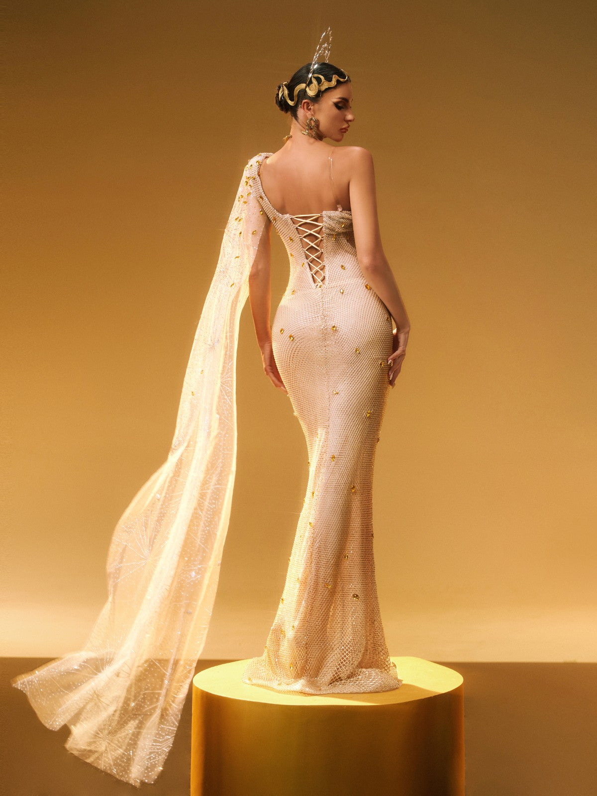 One Shoulder Rhinestone Maxi Dress
