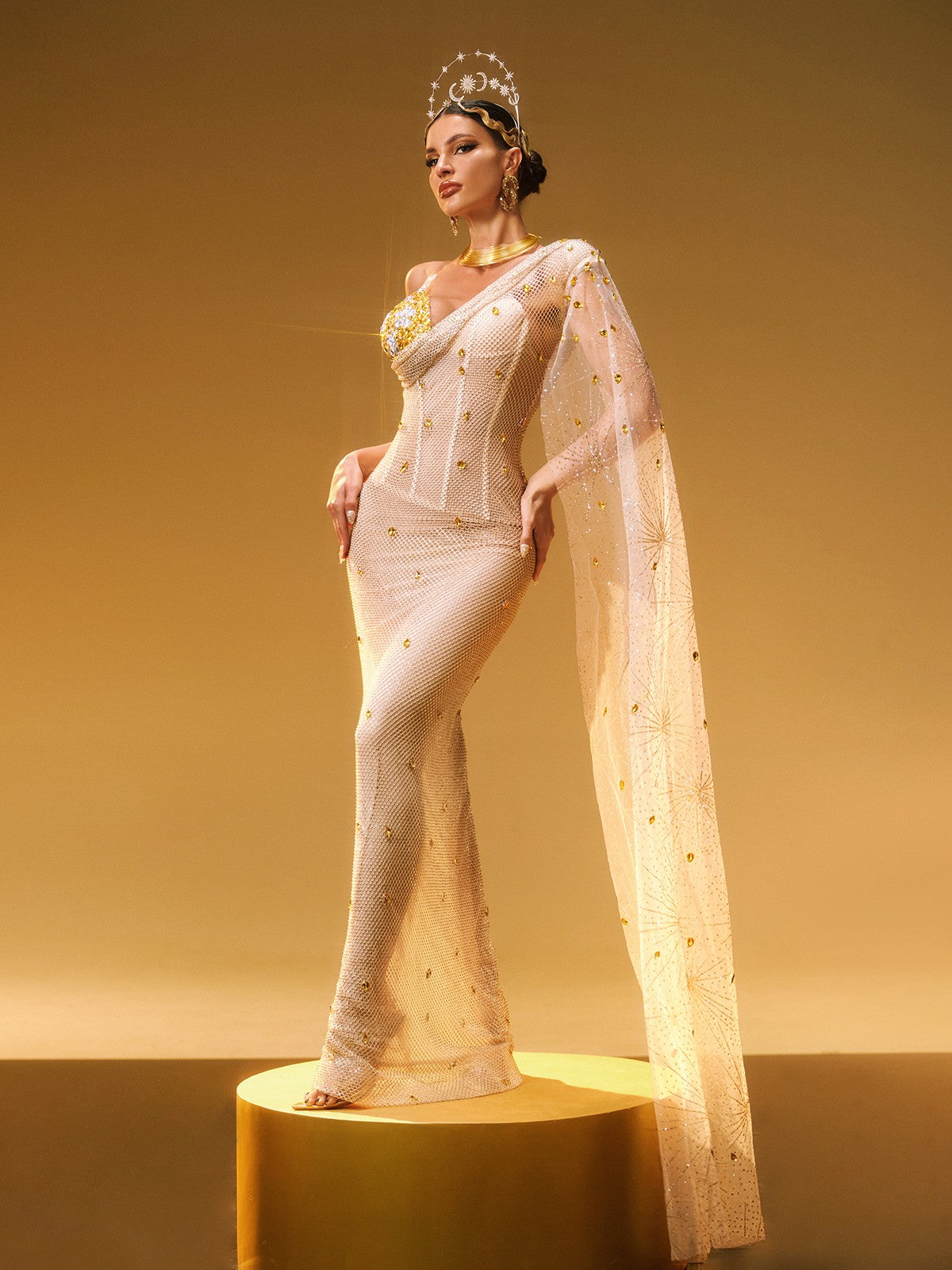 One Shoulder Rhinestone Maxi Dress
