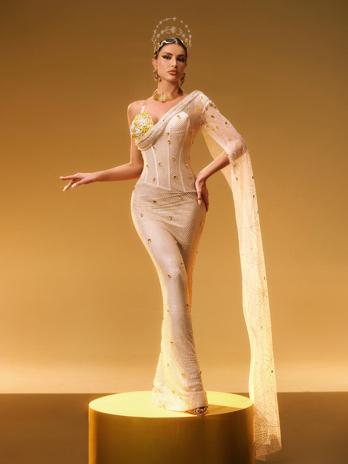 One Shoulder Rhinestone Maxi Dress