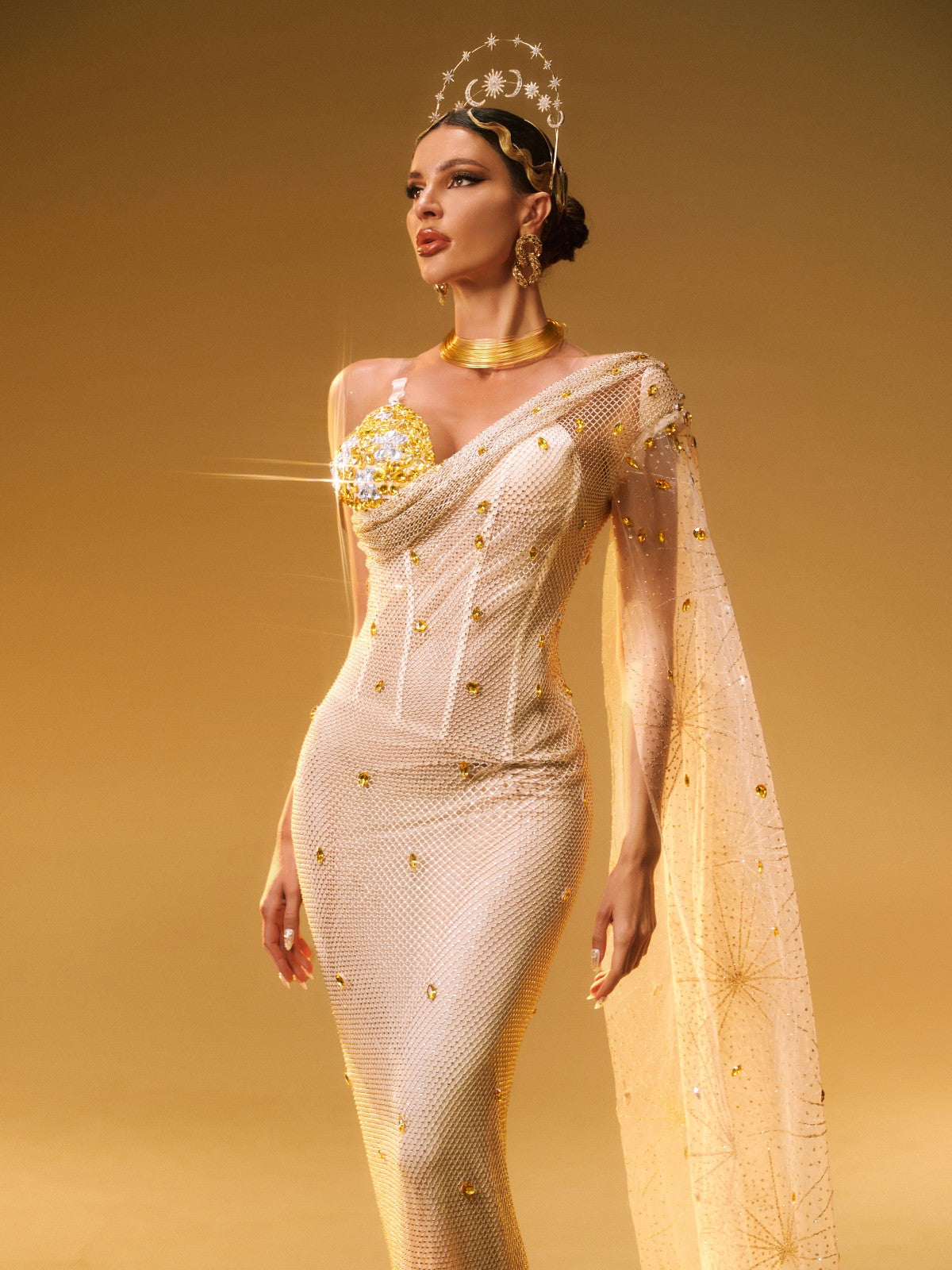 One Shoulder Rhinestone Maxi Dress