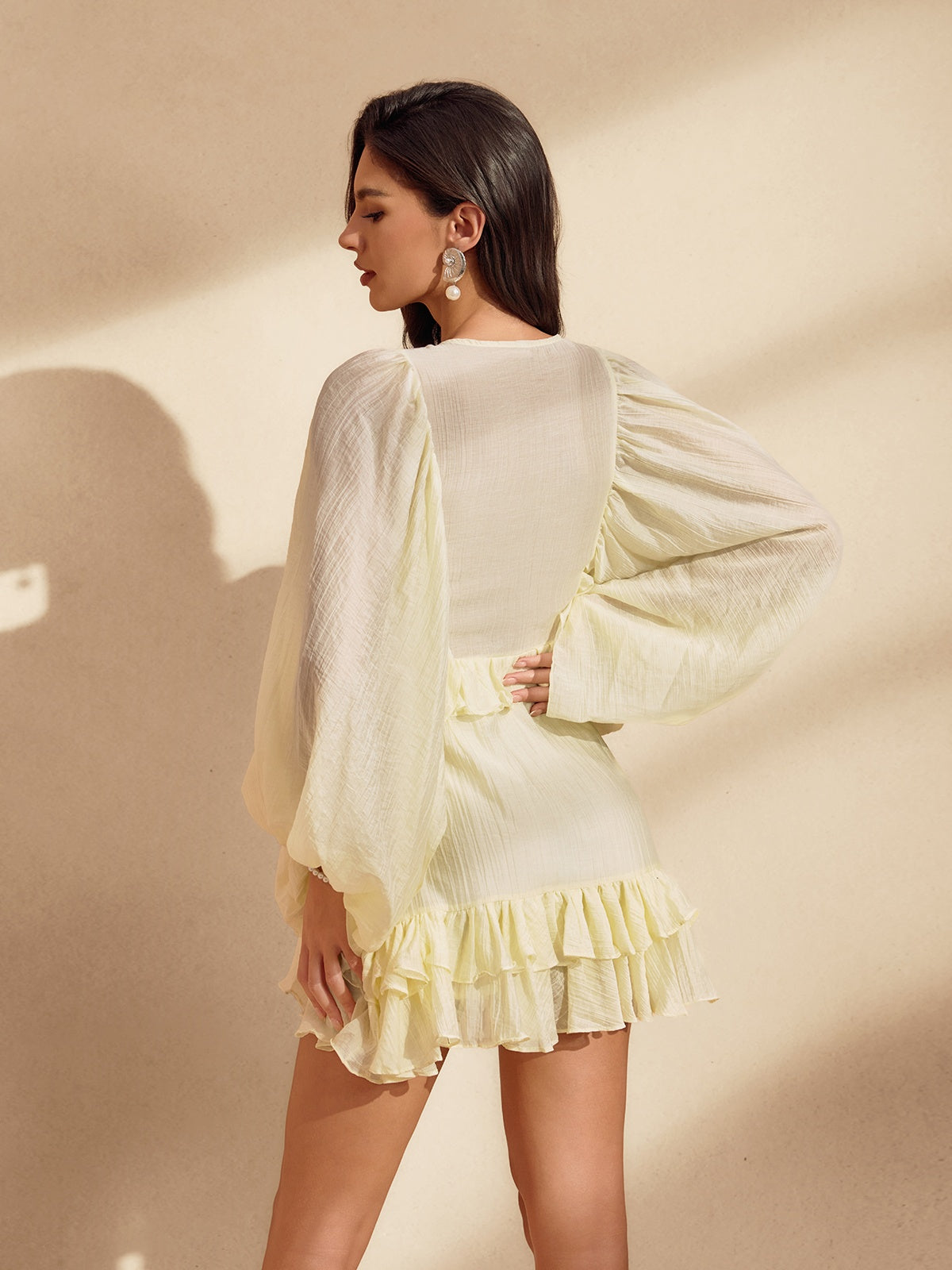Balloon Sleeve Ruffle Mini Dress In Apricot