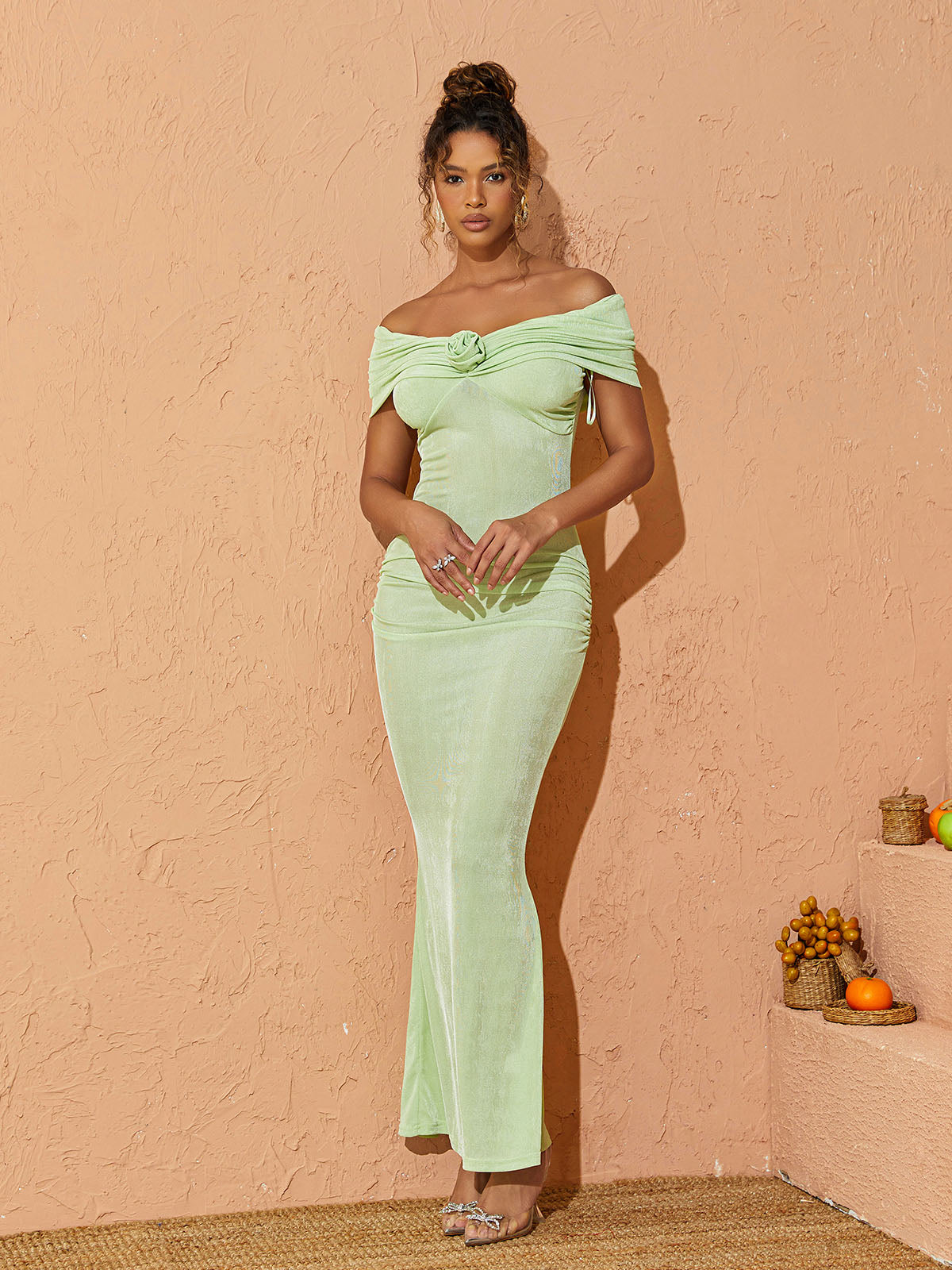 Off-Shoulder Rosette Ruched Bodycon Mermaid Maxi Dress