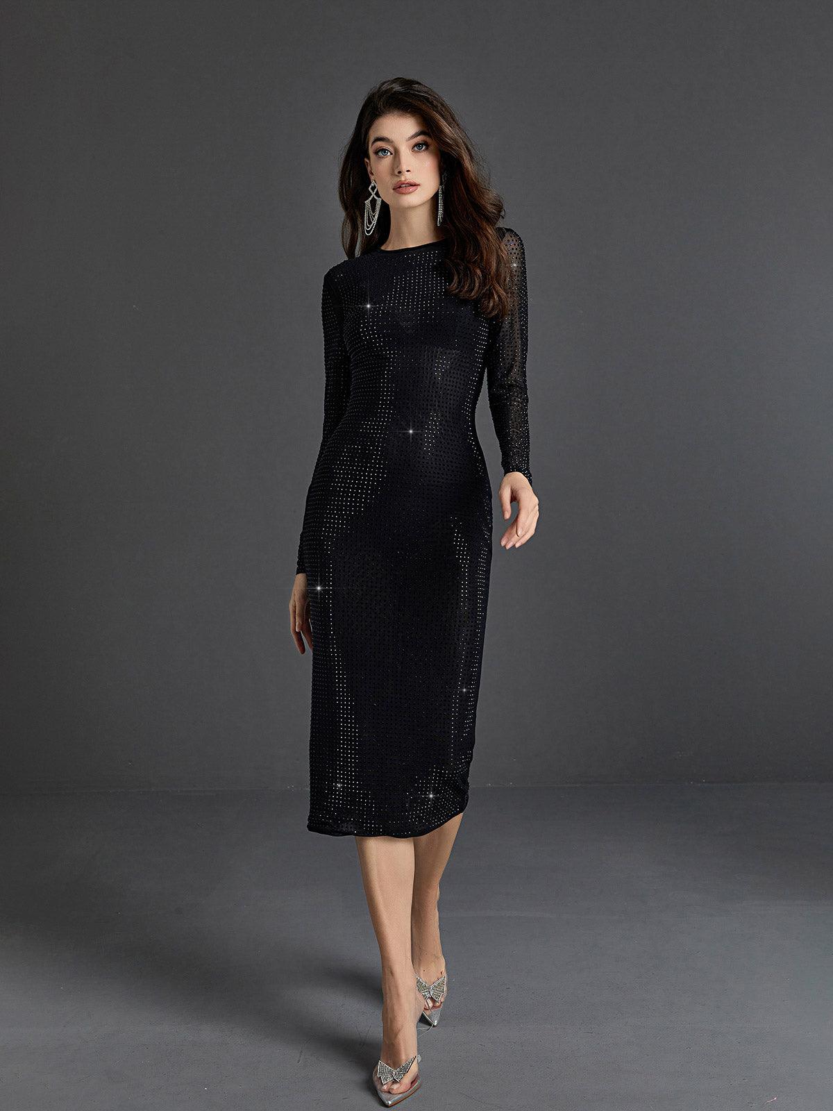 Round Neck Long Sleeve Rhinestone Mesh Bodycon Midi Dress