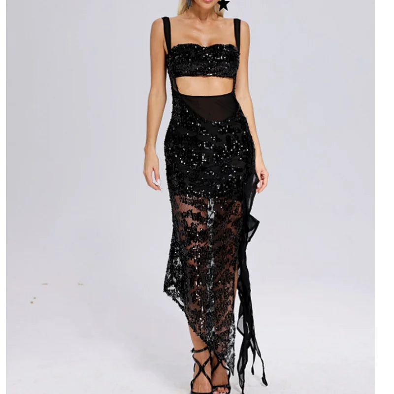 Black Sequins Spaghetti Strap Party Dress / S Partydress-241208