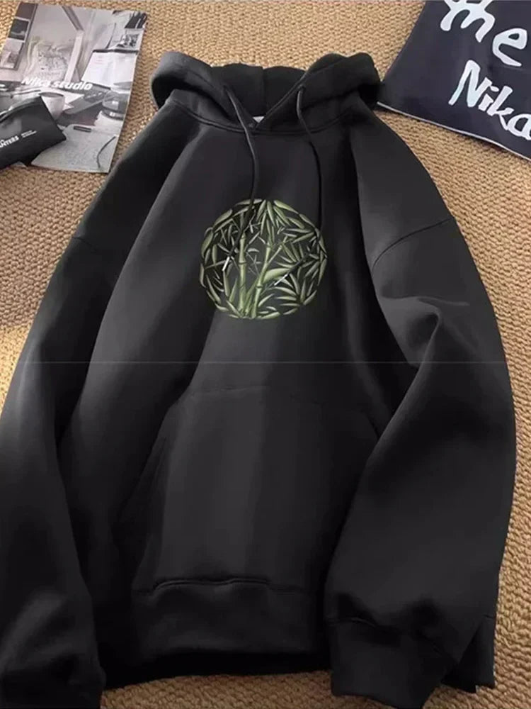 Bamboo Pattern Print Casual Y2K Hoodie Black / M(40-45KG)