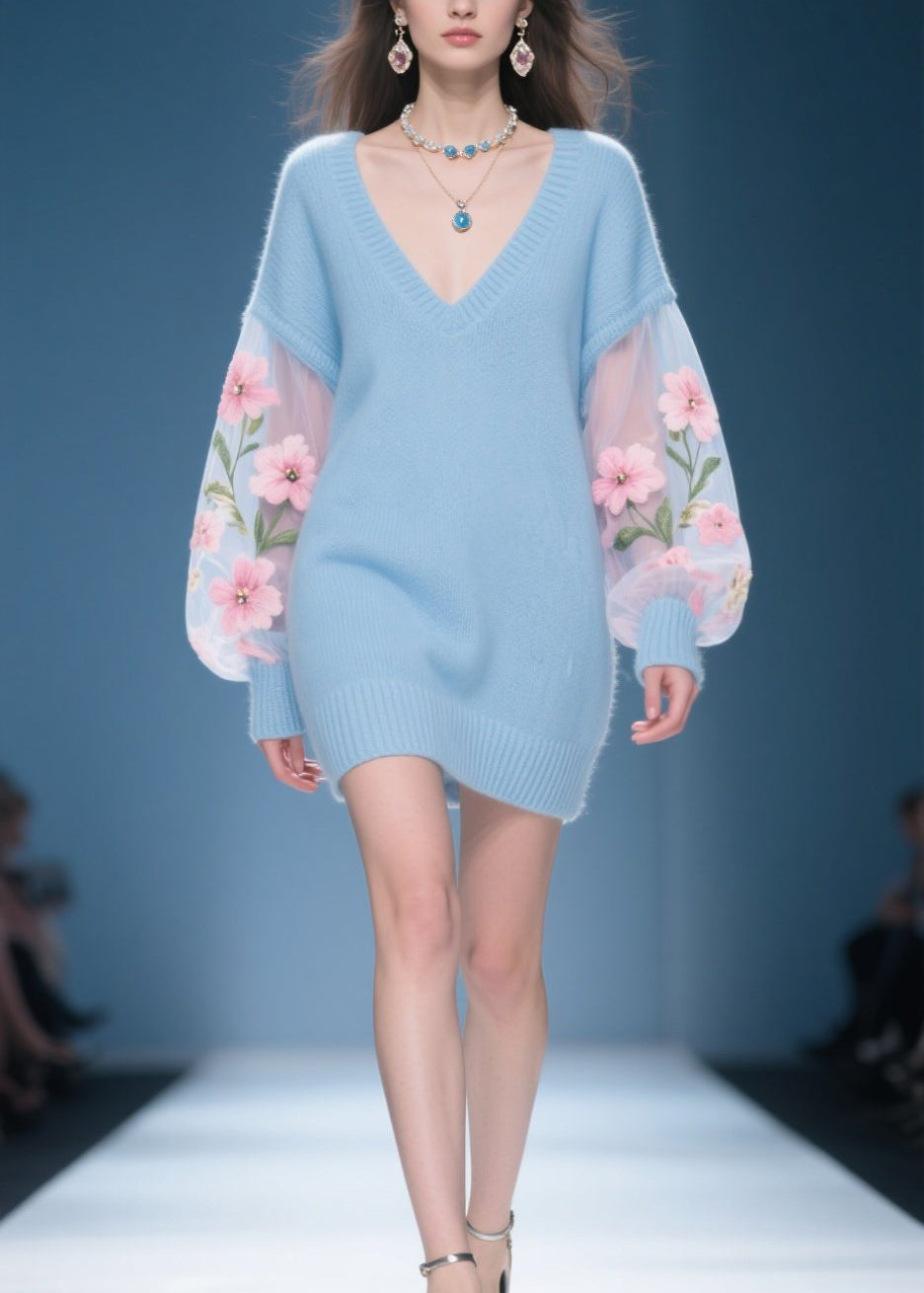 New Blue V Neck Floral Patchwork Knit Sweater Dress Fall
