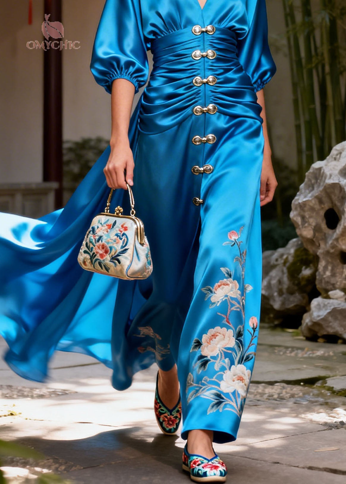 New Blue V Neck Print Patchwork Silk Dresses Summer