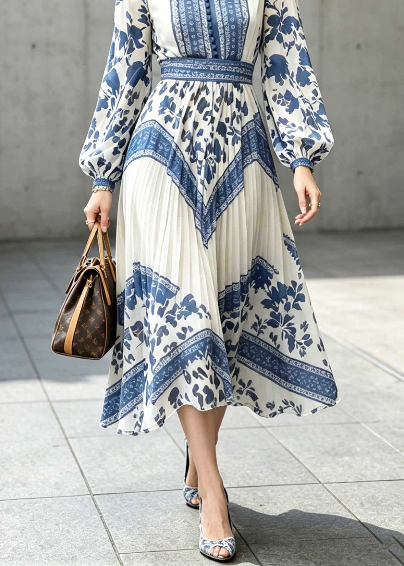 New Chinese Style Blue And White Porcelain Printed Chiffon Dress