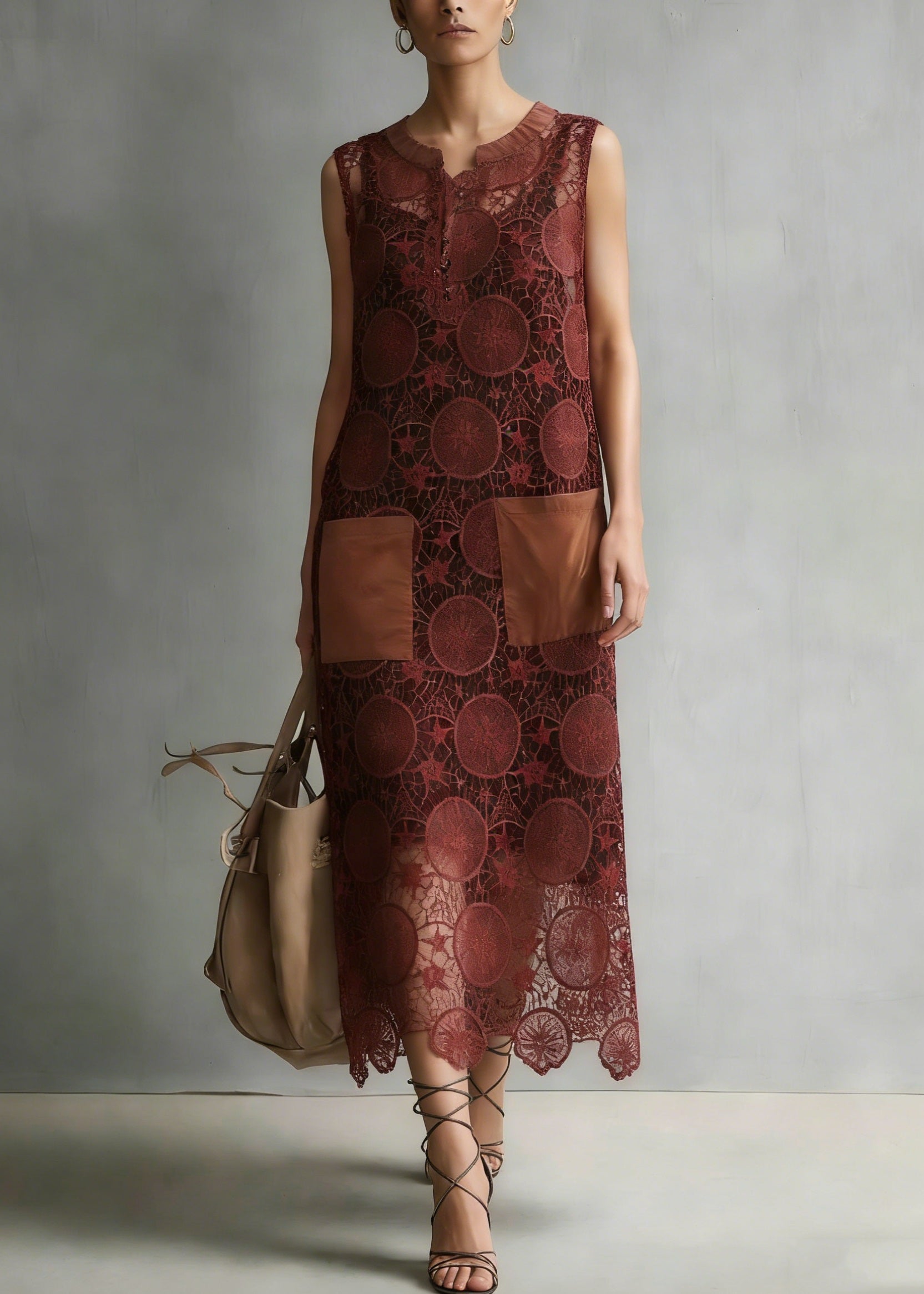 New Coffee Embroidered Hollow Out Lace Dresses Sleeveless
